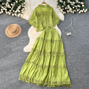 Luxury Long Dresses 2 Piece Sets Women Summer Holiday Hollow Out Crop Tops Elastic Waist Maxi Skirts Suits A Line Party Vestidos