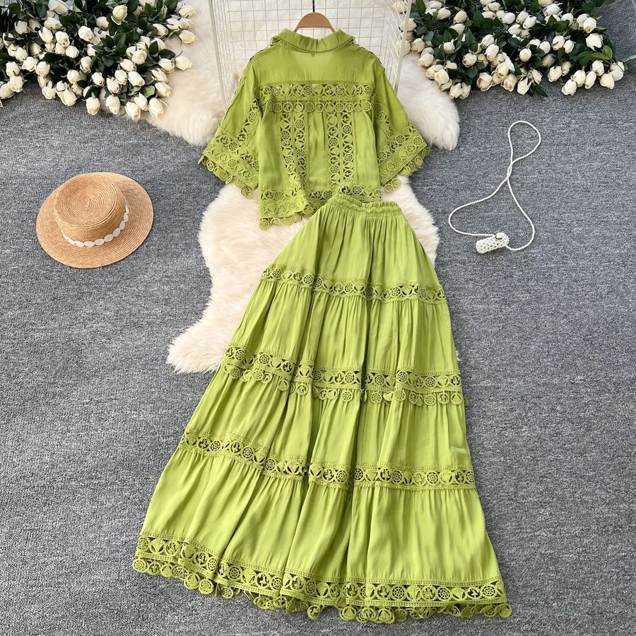 Luxury Long Dresses 2 Piece Sets Women Summer Holiday Hollow Out Crop Tops Elastic Waist Maxi Skirts Suits A Line Party Vestidos