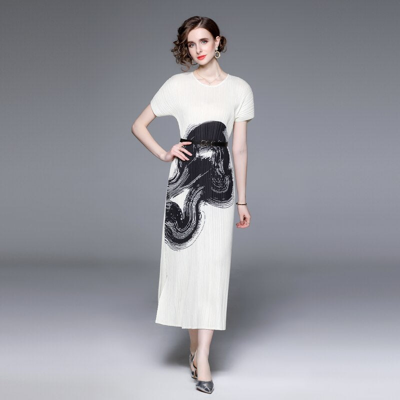 High quality belted midi short sleeve pleated dress