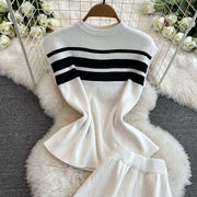 Pant Set Women Two Piece Sets Matching Sets Sleeveless Knitted Slim Fit Tops Wide Leg Long Pants High Elastic Waist Casual