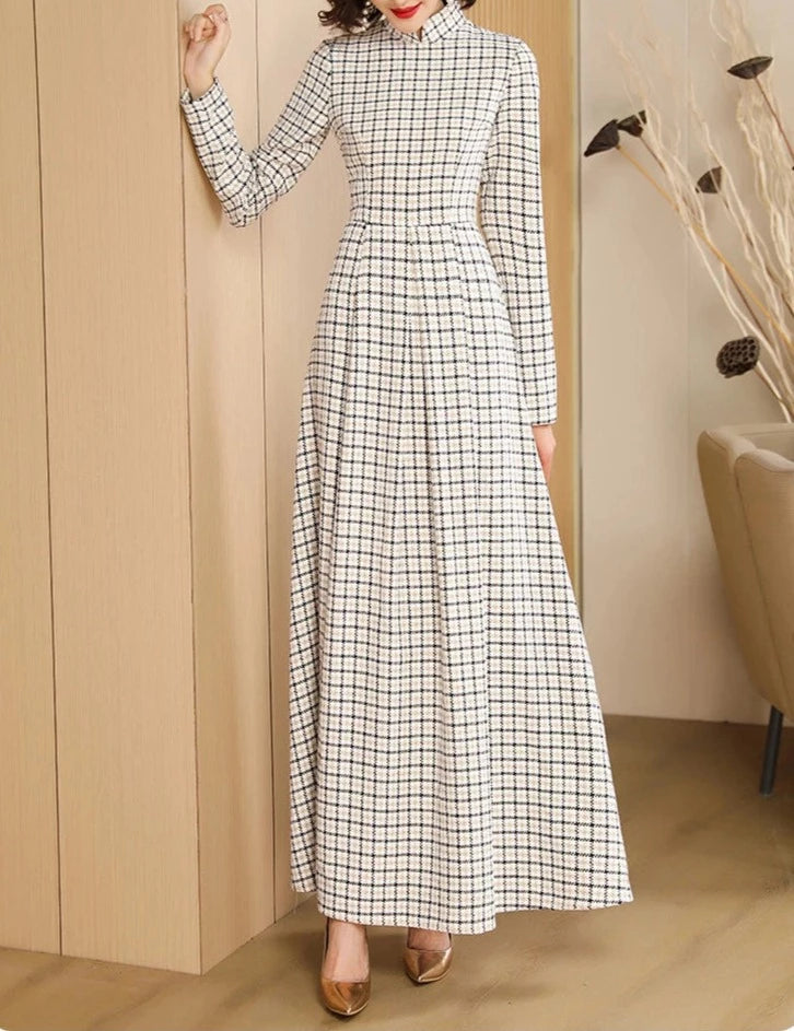 Plaid long dress, high quality zipper slim waist