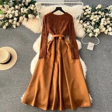 High Quality Vintage Elegant Fleece Lace Stitching Satin Belted V Neck Long Dress