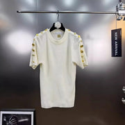 Women's Basic Solid Color Knitted Sweater, Round Neck, Short Sleeve, Patches, Metal Buckles, Temperament