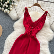 Elegant Satin V-neck Chic Straps Sexy Sleeveless Hotsweet Slim Slip Long Dresses Vintage High Street Women Clothing