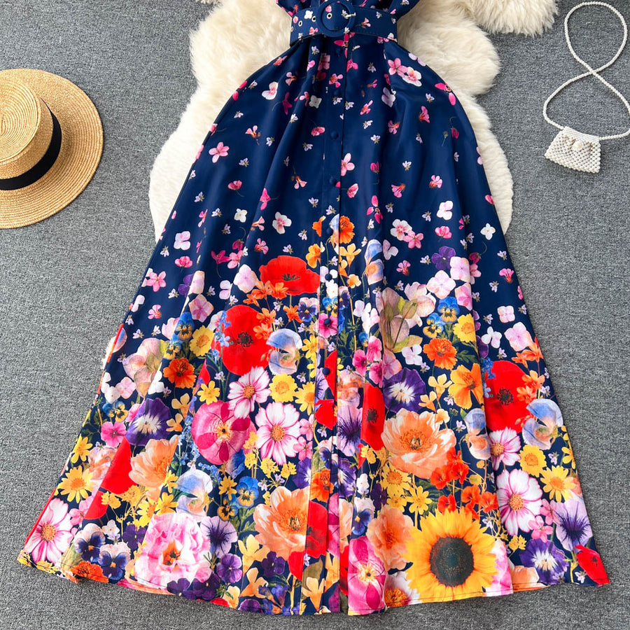 High quality belted ruffle sleeveless flower print dress