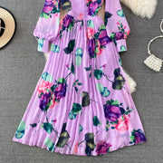 High Quality Floral Print Maxi Long Sleeve Pleated Dress