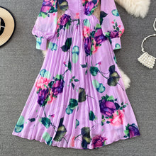 High Quality Floral Print Maxi Long Sleeve Pleated Dress