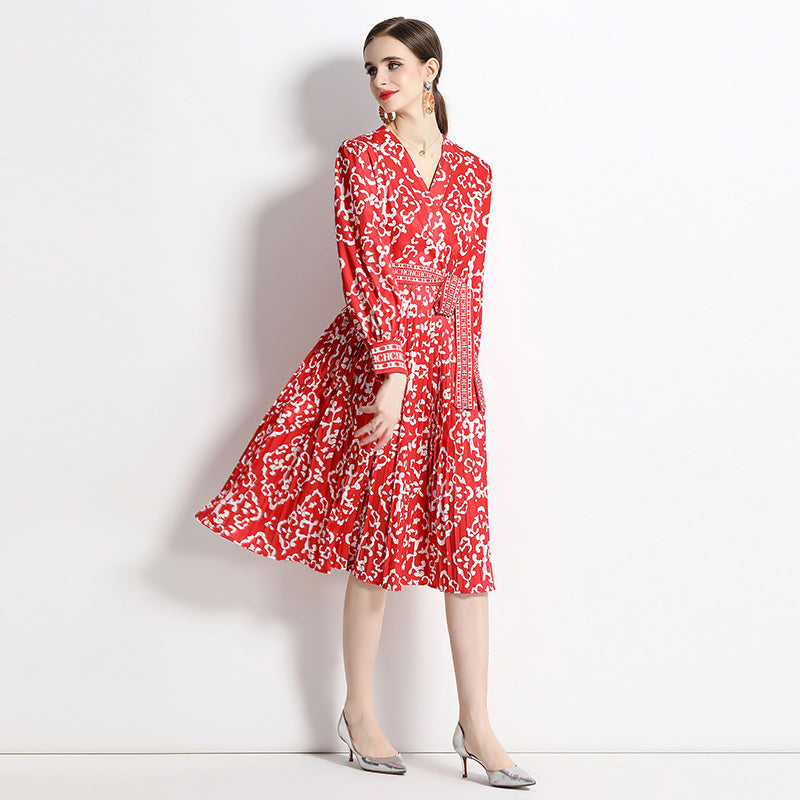 High Quality Vintage Floral Print Cross V Neck Long Sleeve Pleated Midi Dress