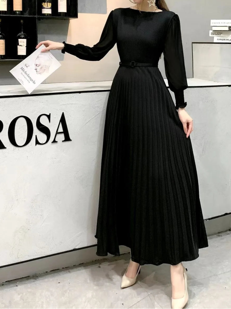 High Quality Bow Front Vintage Belted Bodycon Pleated Long Dress