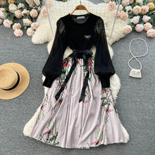 High Quality Flower Print Knitted Mesh Stitching Lantern Sleeve Pleated Dress