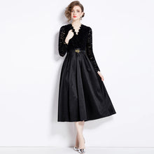 High Quality Vintage Elegant Fleece Lace Stitching Satin Belted V Neck Long Dress