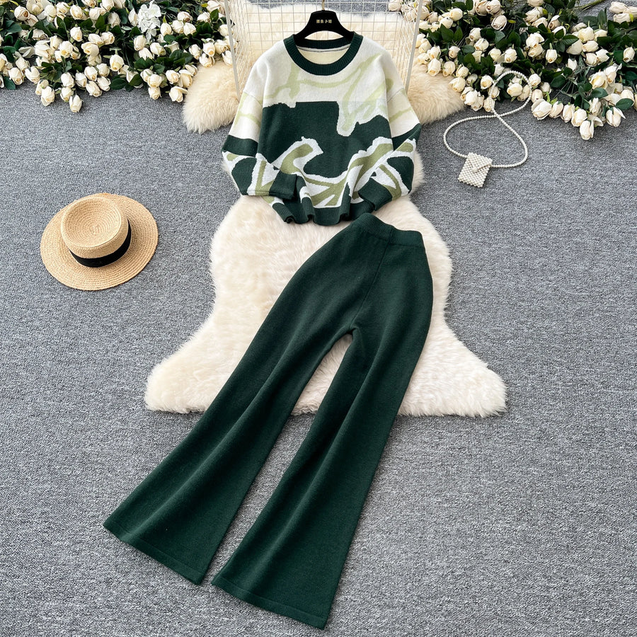 Casual Knitted Sets Ladies O Neck Loose Multicolor Tops+Basic Long Pants American Style High Quality Sweater Suits