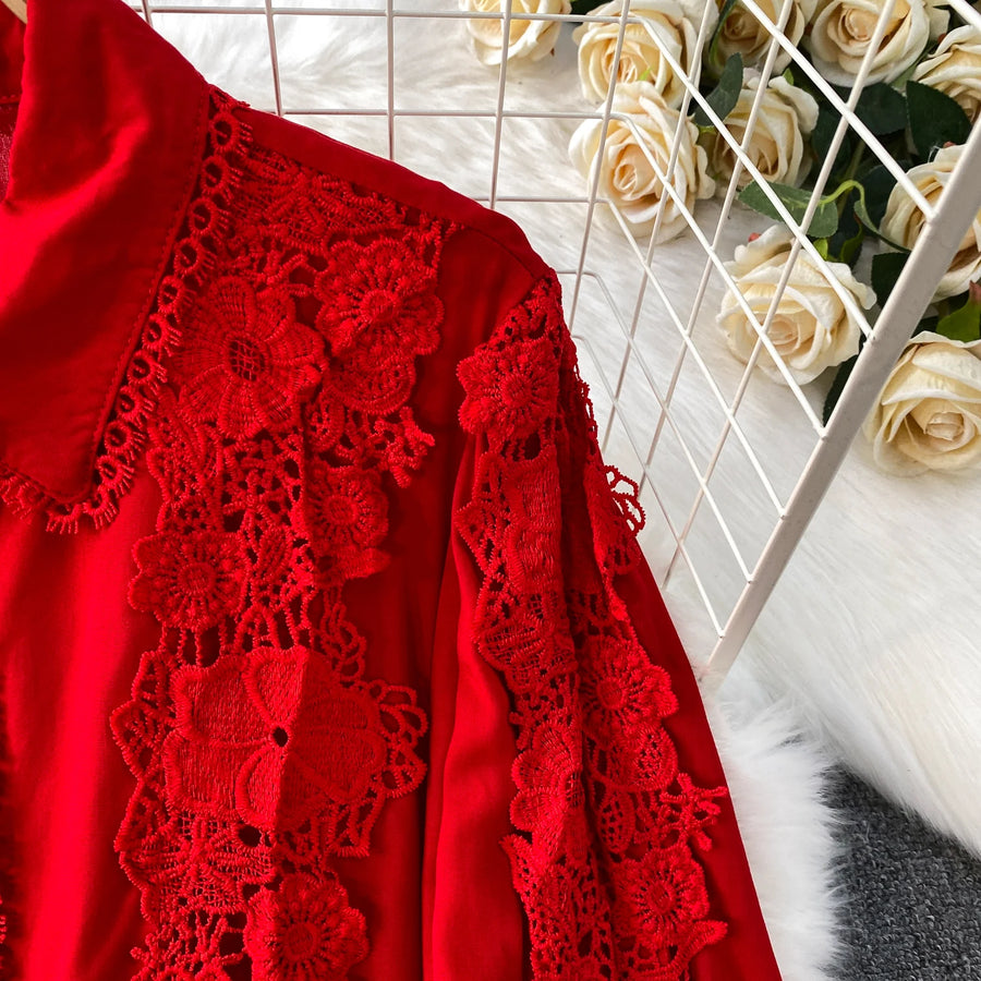 Women Lace Patchwork Pants Set Single Breasted Long Sleeved Shirt Elastic Waisted Trousers Suit Summer Female 2 pieces Sets