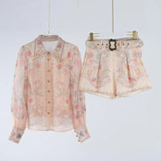 Ele High Waist Long Sve Printed Dr with Pearl Embelliment Slimming Effect irt Sle ort Pants Ensemble