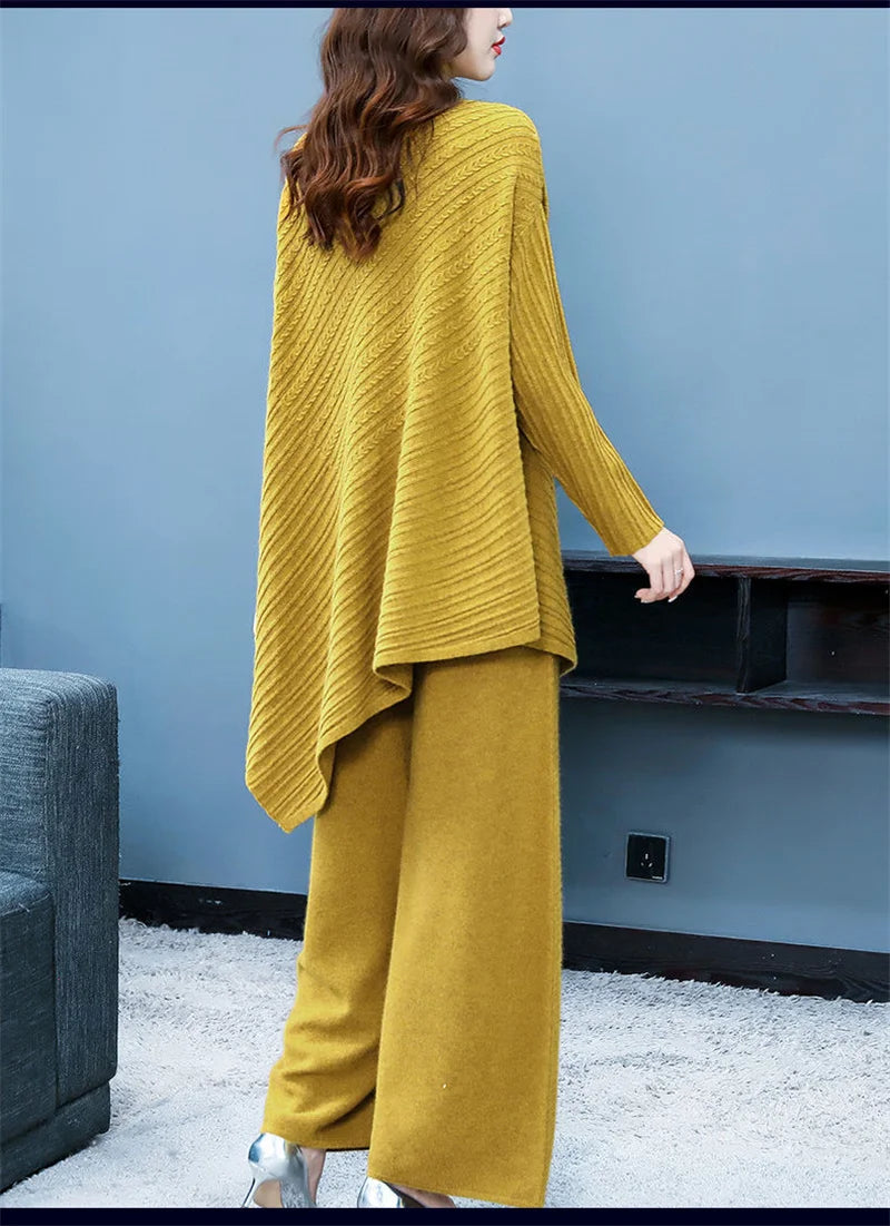 High Quality Turtleneck Knitted Wide Leg Irregular 2 Piece Set