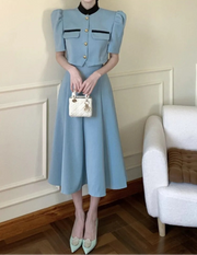 Two Piece Sets Womens Outifits Puff Sleeve Korean Fashion Elegant Summer Sweet Crop Top High Waist  A-Line Long Skirt Office