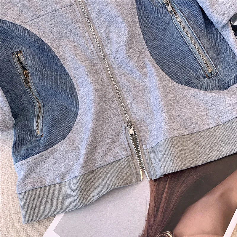 2024 Summer New Stitched Zipper T-shirt top Female Set Elegant Women's Jeans Casual Blouse Two Piece Set Ladies Tracksuits big
