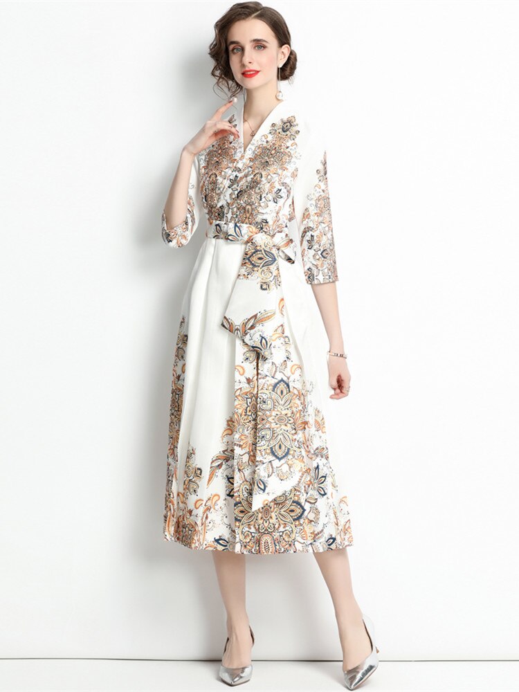 High Quality Three Quarter Sleeve V Neck Long Sleeve Flower Print Satin Dress