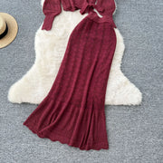 Two Piece Sets Women Skirt Set Full Sleeve Tops Long Skirts A Line High Waist  Streetwear Hollow Out Knit Work Autumn