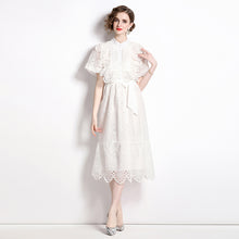 High quality embroidered dress high neck lantern sleeve short with ruffles and bows