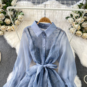 Fashion Temperament Bandage Slim Waist Dress Fairy Gauze Ruffled Long Robe Turn-down Collar Single Breasted Diamonds Vestidos