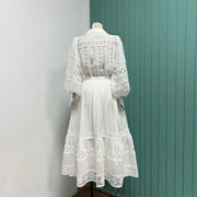 Lantern-sleeved long-sleeved shirt + elastic waist lace splicing hollow-out skirt skirt suit