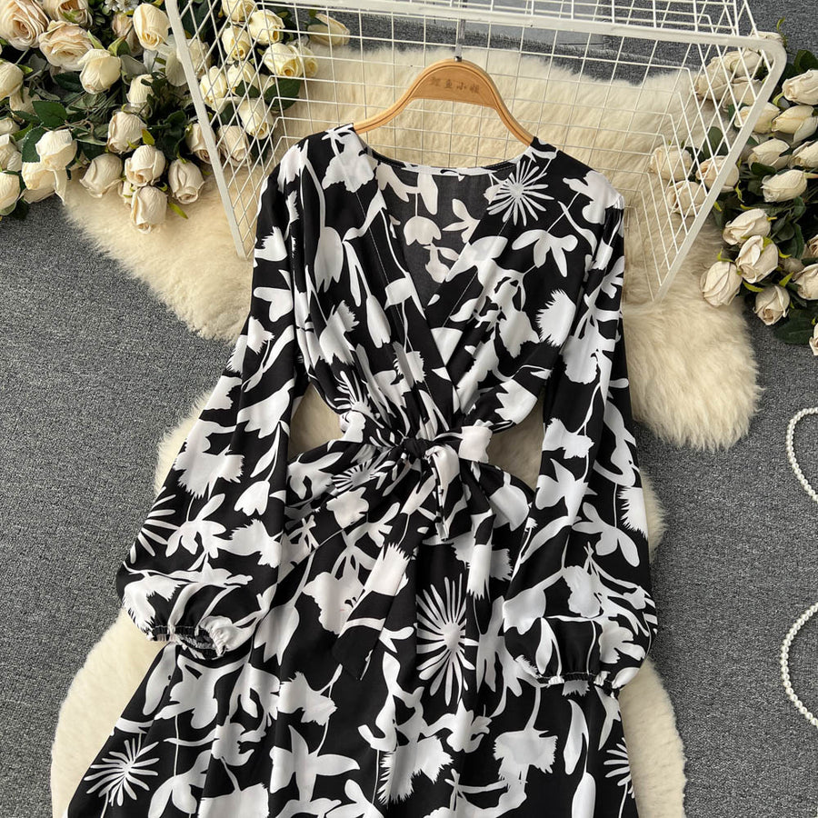 High Quality Multi Colors V Neck A-Line Floral Long Sleeve Dress