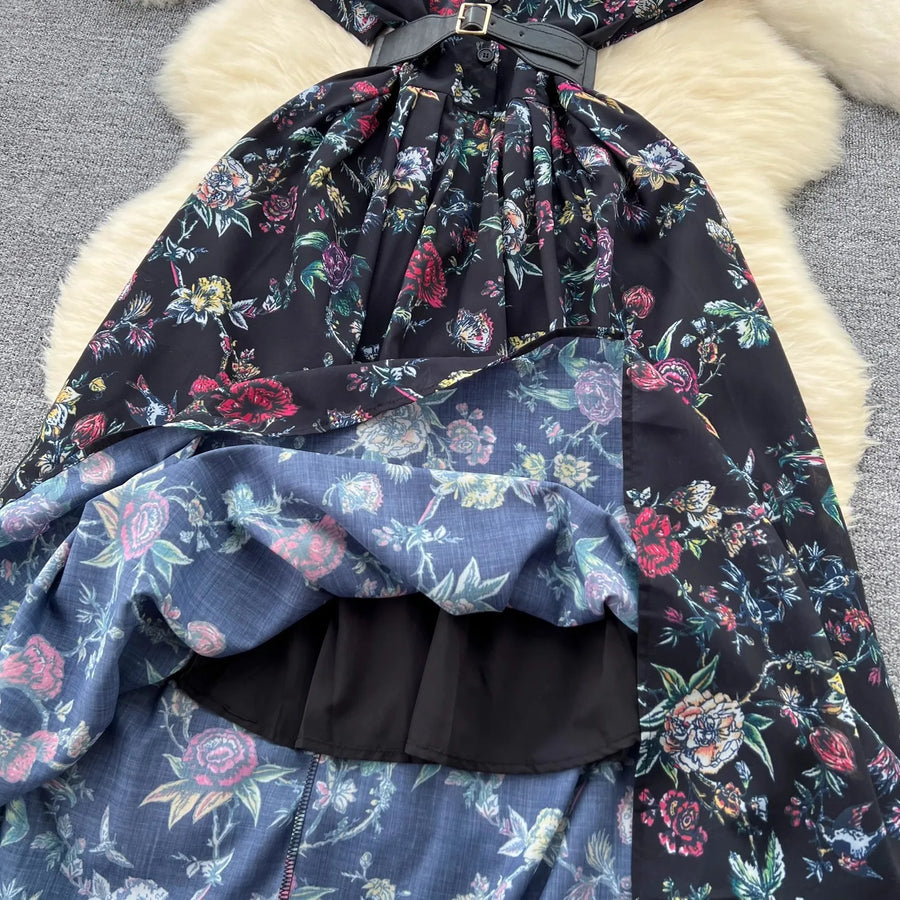 French vintage floral print lapel dress short sleeve high waist belt high quality