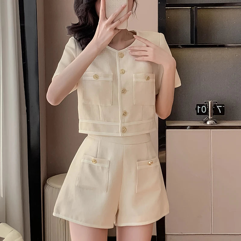 Two 2 Piece Shorts Sets Women Tweed Shorts Suits Office Ladies Single-Breasted Short Sleeve Jacket Coat High Waist Shorts S-XL