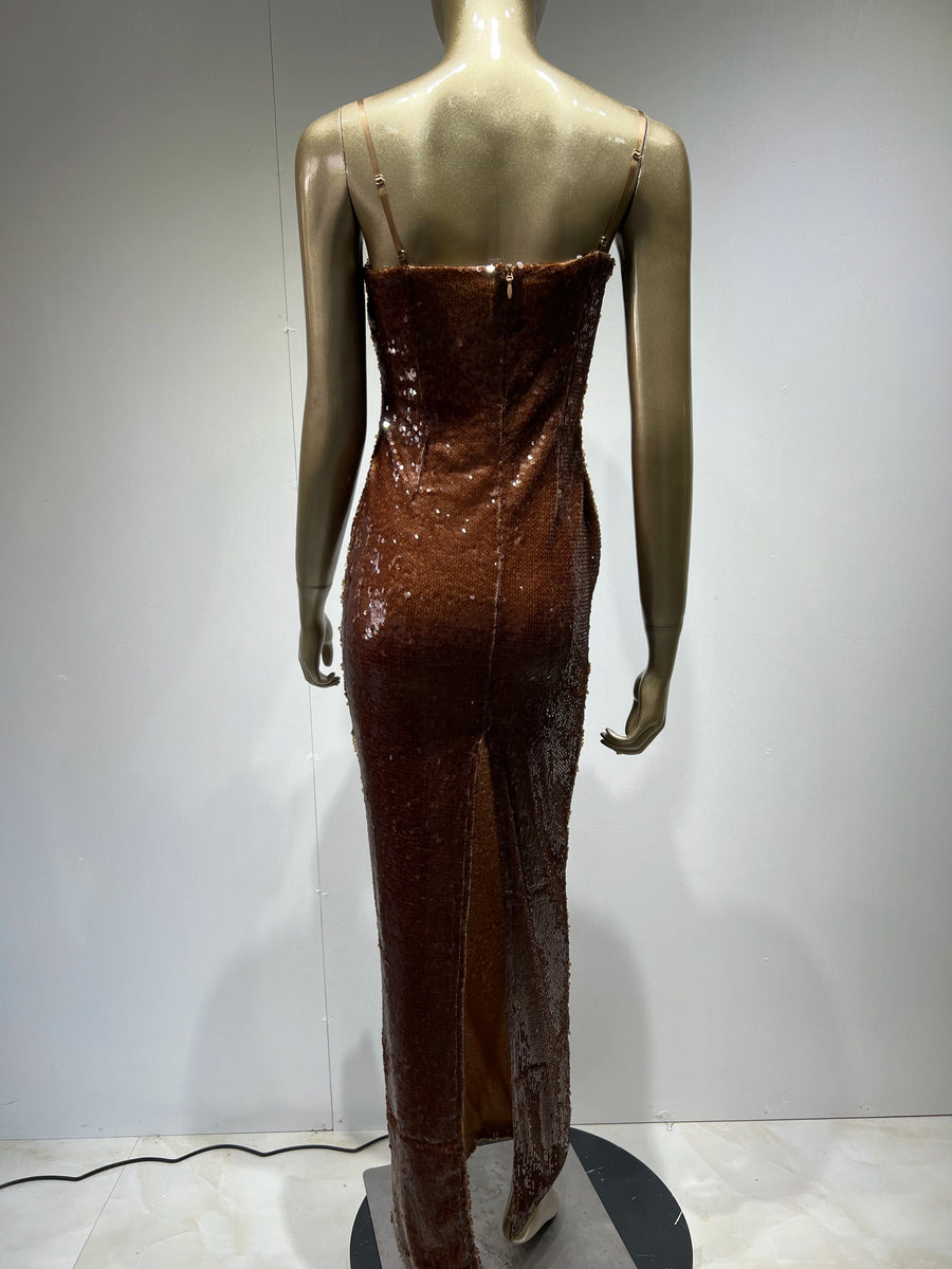 Elegant Sexy Sleeveless Backless Flower Mesh Sequin Brown Shiny Bodycon Long Dress