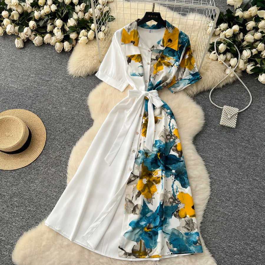 Chic Single Breasted Spliced Elegant Korean Fashion Fairy Sexy High Waist Vestidos Summer High Street Women Vacation