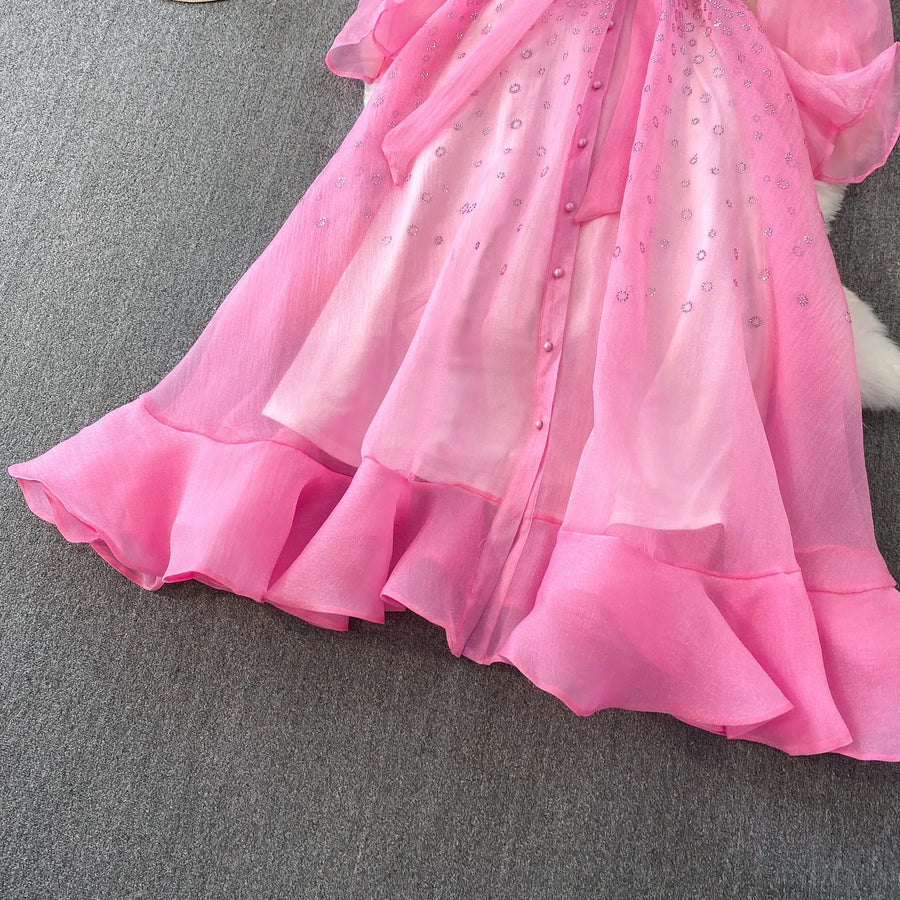 Fashion Temperament Bandage Slim Waist Dress Fairy Gauze Ruffled Long Robe Turn-down Collar Single Breasted Diamonds Vestidos