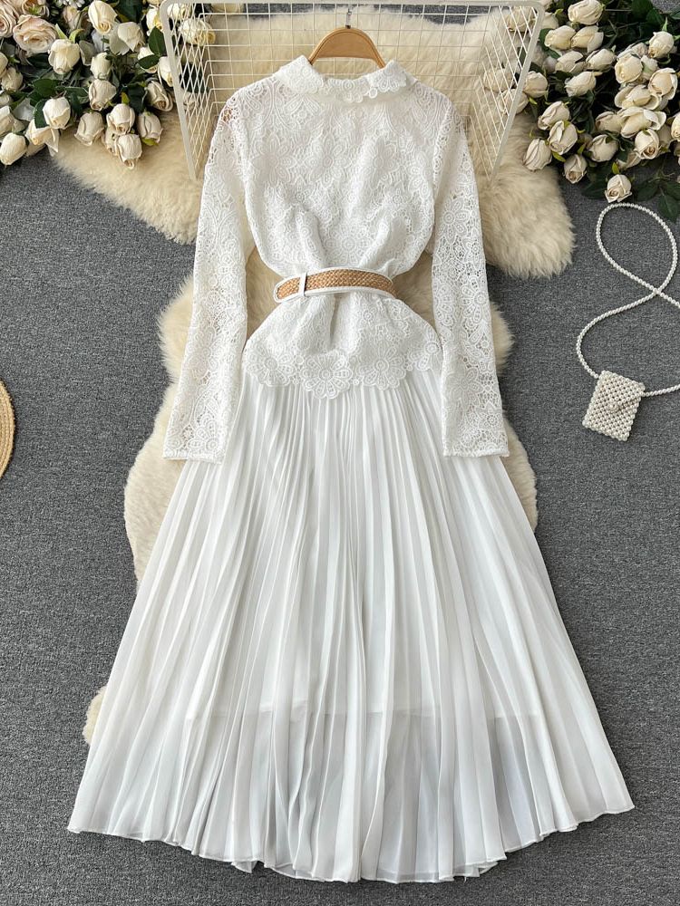 High Quality Long Sleeve Floral Embroidery Button Pleated White Elegant Dress