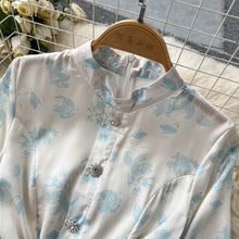 High Quality Satin Belted Floral Print Lantern Sleeve Dress