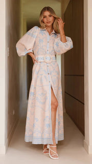 Women Shirt Collar Vintage Floral Print Puff Sleeve Single Breasted Spring Summer Long A Line Cotton Linen Dress
