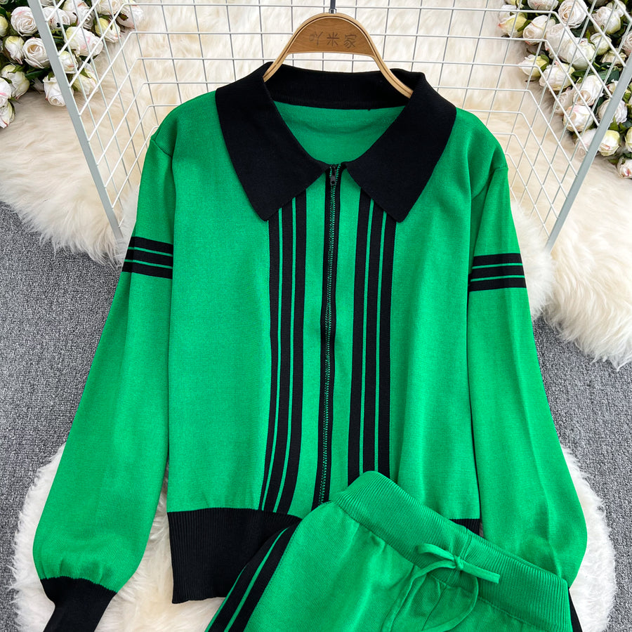 Two Piece Set Stripe Zipper Cardigan + High Quality Harem Pants