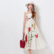 High Quality Spaghetti Strap Floral Print Cotton Linen Long Embroidered Flower Butterfly Dress