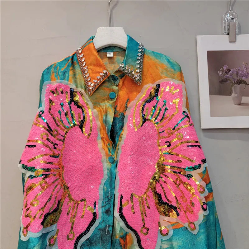 High Quality Batwing Sleeve Loose Fit Floral Embroidery Sequined Shirts