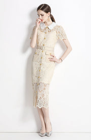 High Quality Button Pocket Lace Knee-Length Temperament Slim High Waist Pencil Dress