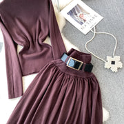 Women Elegant Office Two Piece Sets Autumn Winter Long Sleeved Standing Neck Sweater Top High Waist Slim A-line Long Skirt Suits
