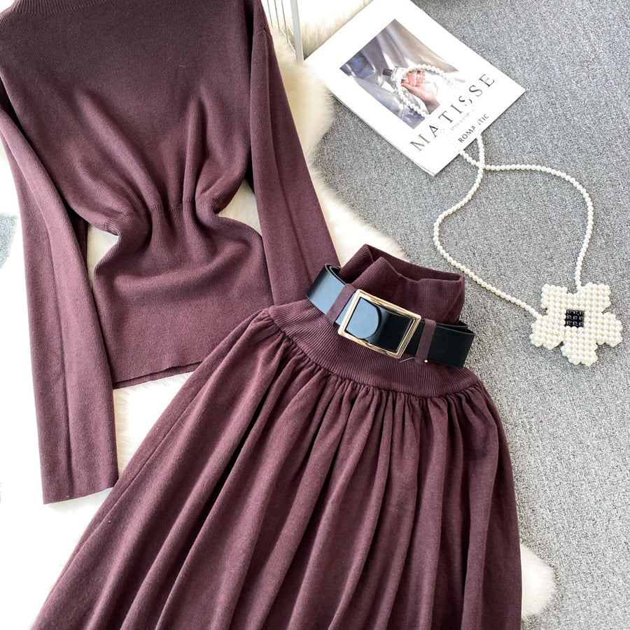 Women Elegant Office Two Piece Sets Autumn Winter Long Sleeved Standing Neck Sweater Top High Waist Slim A-line Long Skirt Suits