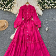 Elegant retro style slit maxi dress with pearl buttons and high-quality crochet embroidery