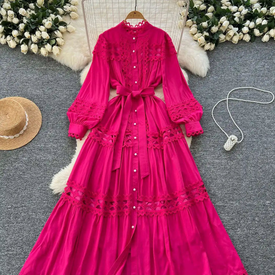 Elegant retro style slit maxi dress with pearl buttons and high-quality crochet embroidery
