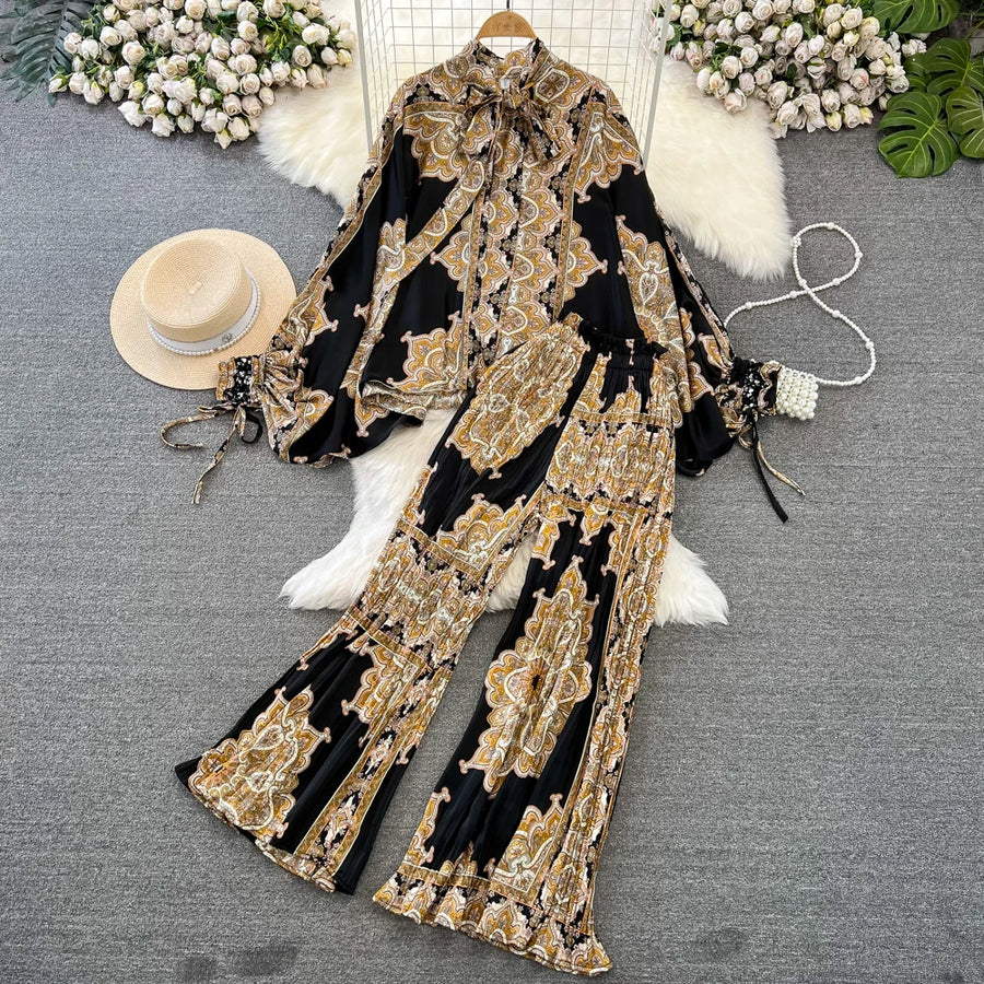 Elegant two-piece set pleated summer chiffon shirt + high-quality floral print pleated wide-leg pants
