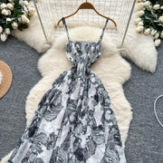 Women's long floral dress with thin straps, sleeveless, elastic, ruched with high-quality print