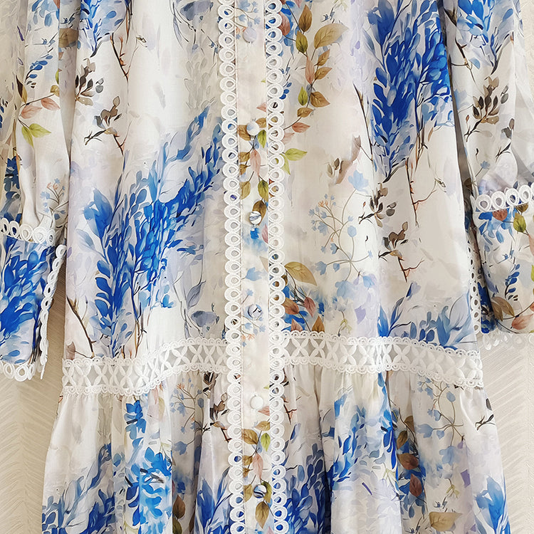 Stand Collar Blue Flower Print Hollow Out Ruffles Prairie Elegant Loose High Quality Maxi Dress