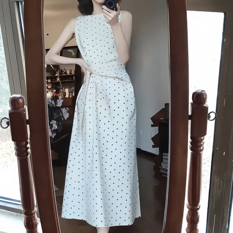 White Sleeveless Vest Dots Dress Summer New Beautiful Waist Cinching Slimming Long Skirt Commute Style Tie Waist Regular Fit