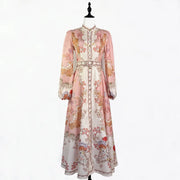 Floral print dress with long sleeves, high neck, and belt, high quality midi length