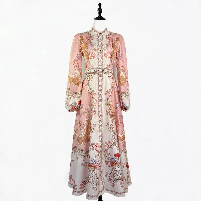 Floral print dress with long sleeves, high neck, and belt, high quality midi length