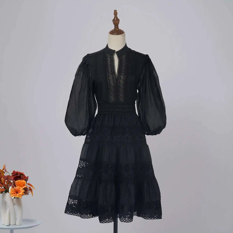 Quality Organza Midi Hollow Out Dresses Women's Half Sleeve Summer Embroidery Lace Evening Party Short Dress Shirt Lady